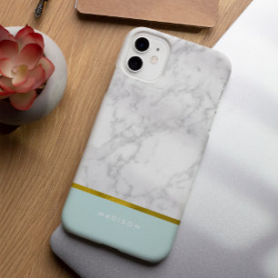 Mint Marble Pattern and Faux Gold Foil iPhone 15 Pro Max Case