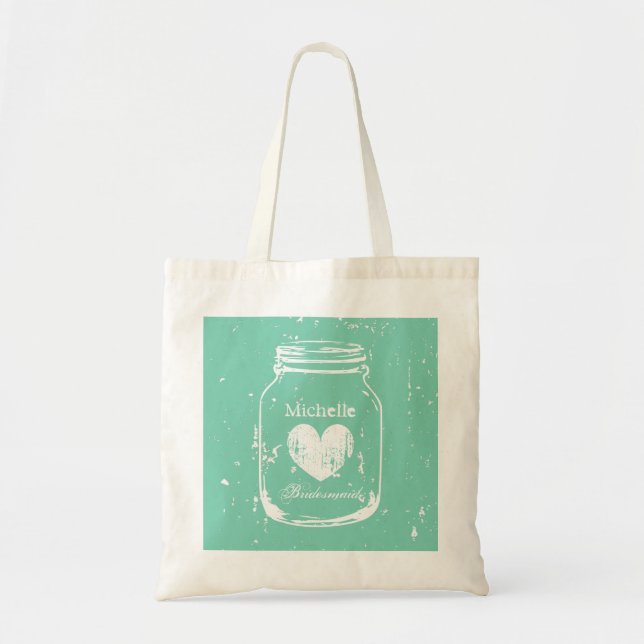 Mint mason jar wedding tote bag for bridesmaids (Front)