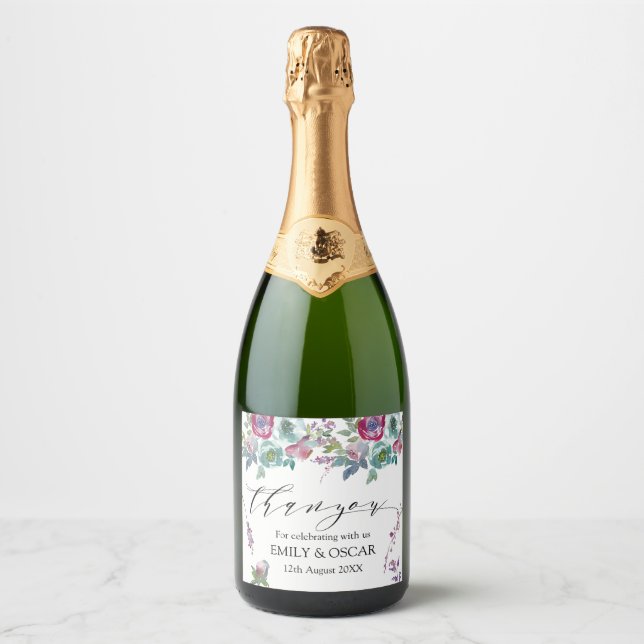 Mint & Mauve floral watercolour wedding  Sparkling Wine Label (Front)