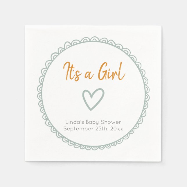 Mint Minimalist Doodle It's a Girl Baby Shower Napkins (Front)