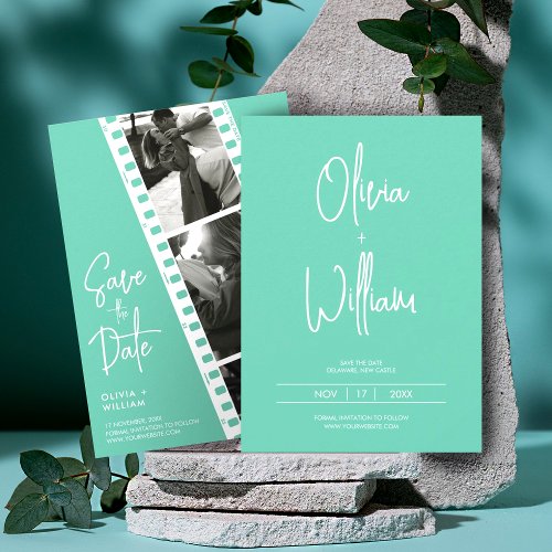 Mint modern photo booth strip save the date