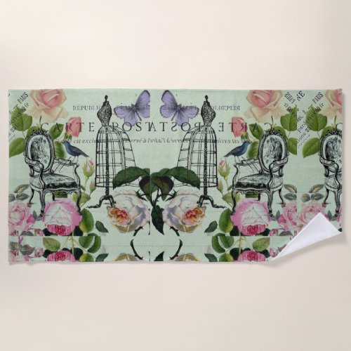 mint modern vintage french rose  butterfly paris beach towel