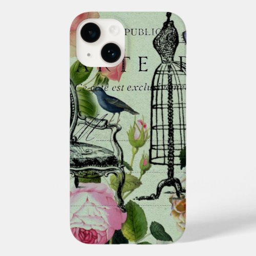 mint modern vintage french rose  butterfly paris Case_Mate iPhone 14 case