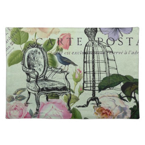 mint modern vintage french rose  butterfly paris cloth placemat