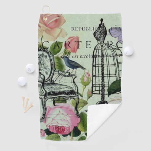 mint modern vintage french rose  butterfly paris golf towel