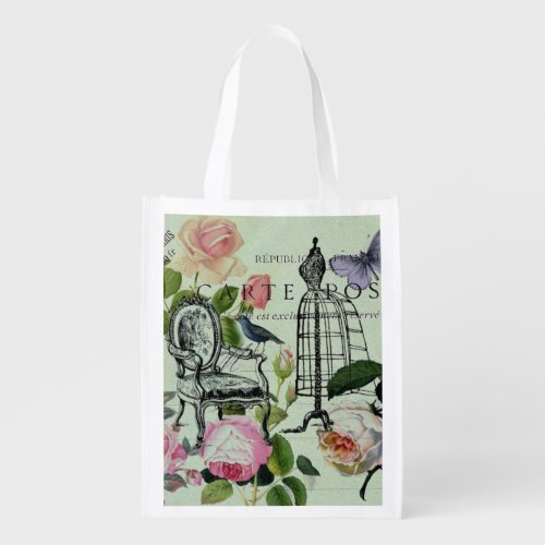 mint modern vintage french rose  butterfly paris grocery bag