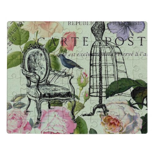 mint modern vintage french rose  butterfly paris jigsaw puzzle