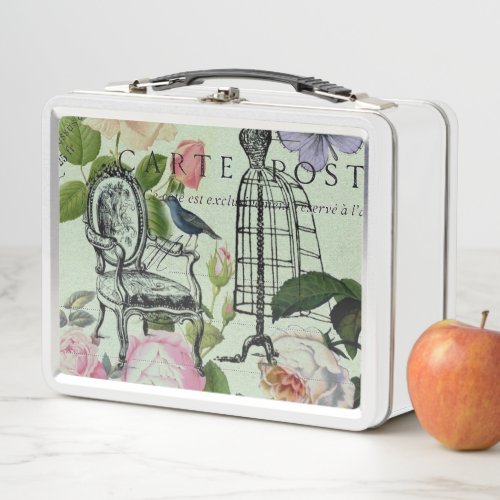mint modern vintage french rose  butterfly paris metal lunch box