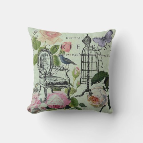 mint modern vintage french rose  butterfly paris outdoor pillow