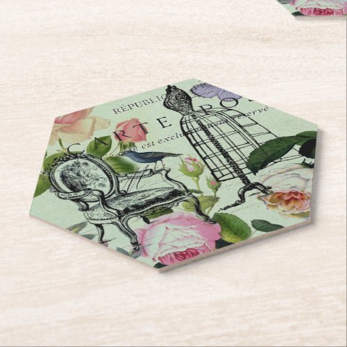 mint modern vintage french rose  butterfly paris paper coaster