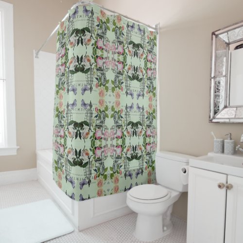 mint modern vintage french rose  butterfly paris shower curtain