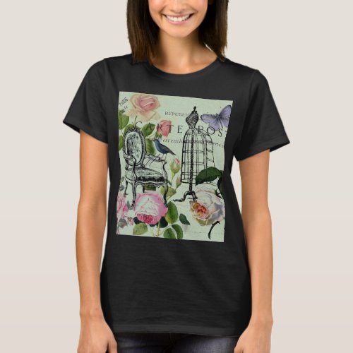 mint modern vintage french rose  butterfly paris T_Shirt
