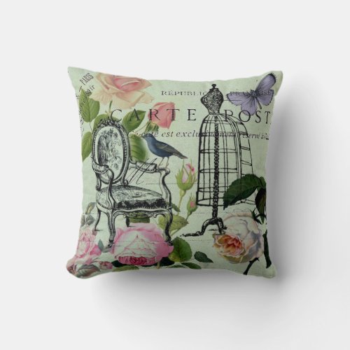 mint modern vintage french rose  butterfly paris throw pillow