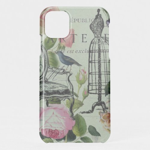 mint modern vintage french rose  butterfly paris iPhone 11 case