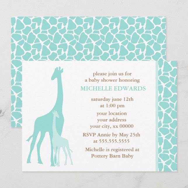 Mint Mom and Baby Giraffe Baby Shower Invitation (Front/Back)
