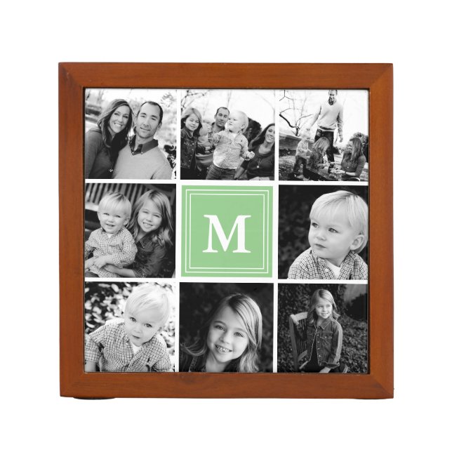 Mint Monogram Family Photo Collage Desk Organizer (Front)