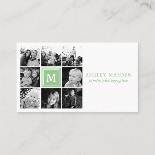 Mint Monogram Family Photo Collage Photography Business Card