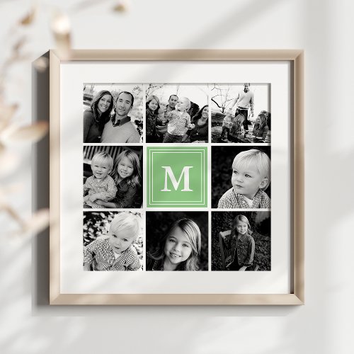 Mint Monogram Family Photo Collage Poster