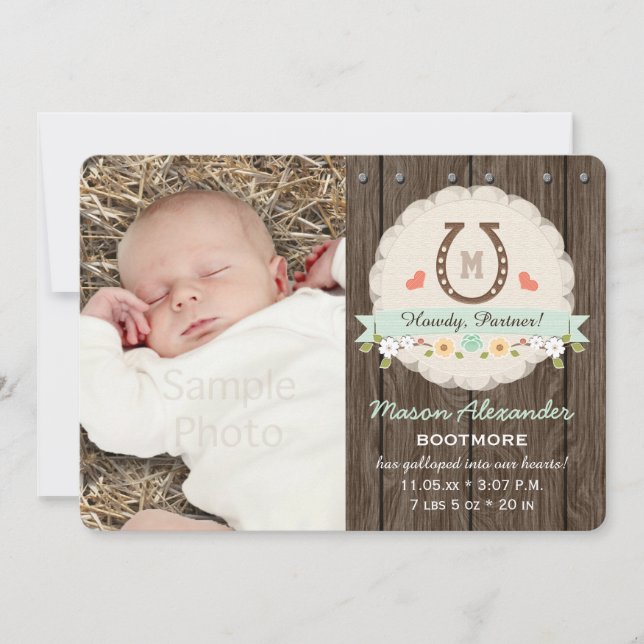 Mint Monogram Horseshoe Western Birth Announcement (Front)