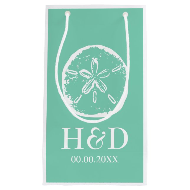 Mint monogram sand dollar wedding favor gift bags (Front)