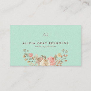 Mint Monogram Watercolor Floral Wedding Planner Business Card