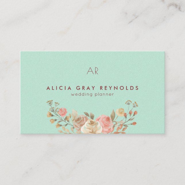 Mint Monogram Watercolor Floral Wedding Planner Business Card (Front)