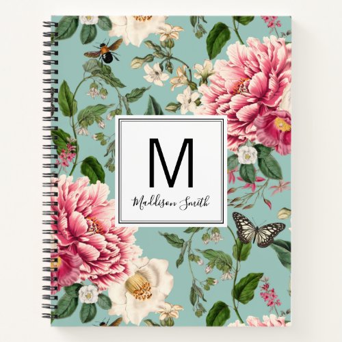 Mint Monogrammed Country Garden Floral Pattern Notebook