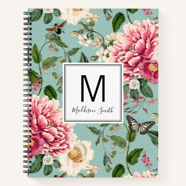 Mint Monogrammed Country Garden Floral Pattern Notebook (Front)