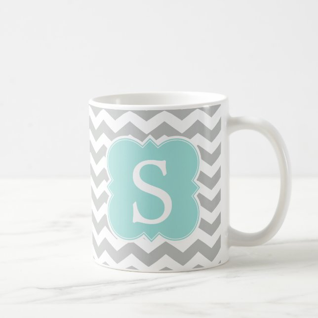 Mint Monogrammed Gray Chevron Stripes Coffee Mug (Right)