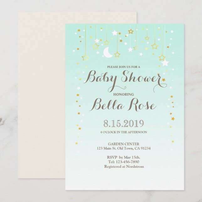 Mint Moon Star Gender Neutral Baby Shower Invite (Front/Back)