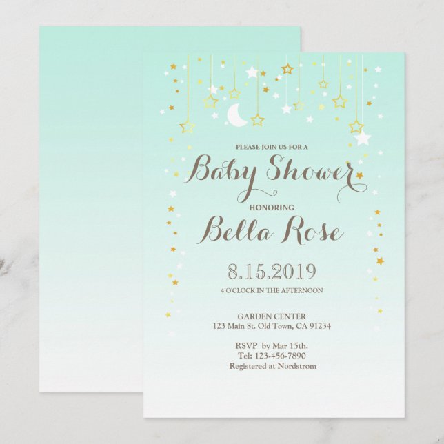 Mint Moon Star Gender Neutral Baby Shower Invite (Front/Back)