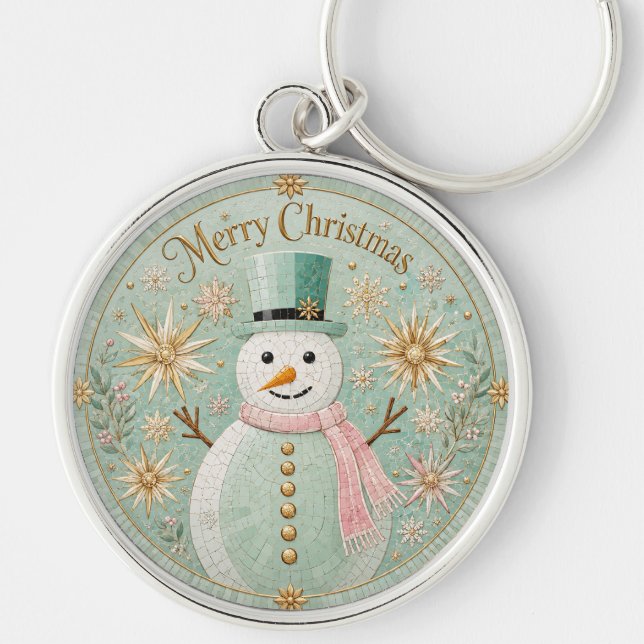 Mint Mosaic Snowman Christmas Cheer Keychain (Front)