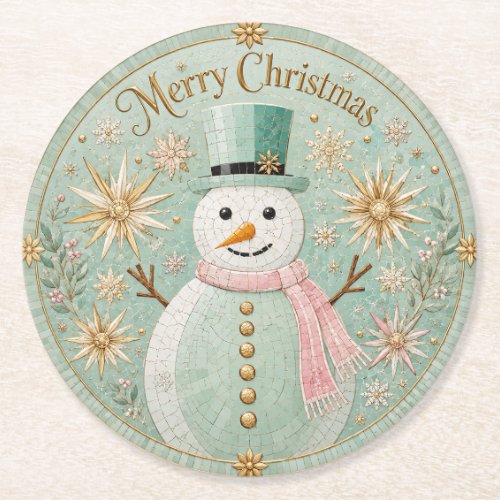 Mint Mosaic Snowman Christmas Cheer Round Paper Coaster