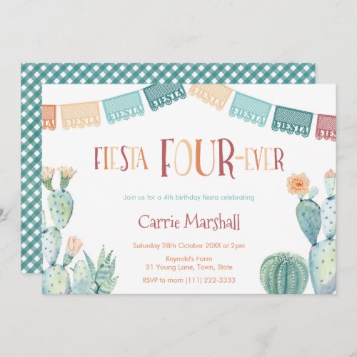 Mint Mustard Fiesta Four_ever 4th Birthday Party Invitation