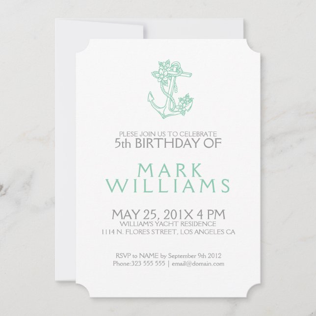 Mint Nautical Floral Anchor Birthday Party Invite (Front)