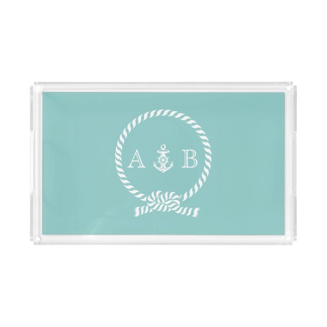 Mint Nautical Rope and Anchor Monogram Acrylic Tray (Front)