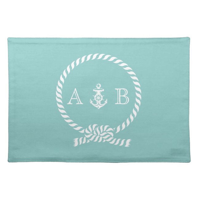 Mint Nautical Rope and Anchor Monogram Placemat (Front)