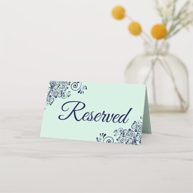 Mint & Navy Blue Elegant Frilly Wedding Reserved Place Card (Back)