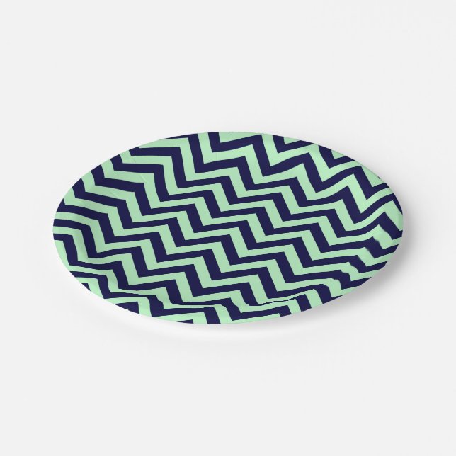 Mint, Navy Blue Large Chevron ZigZag Pattern Paper Plates (Angled)