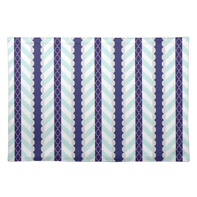 Mint, Navy Blue, White Geometric Striped Pattern Placemat (Front)