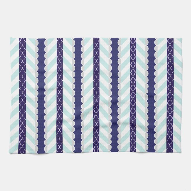 Mint, Navy Blue, White Geometric Striped Pattern Towel (Horizontal)