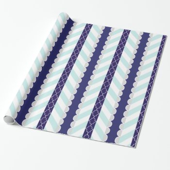 Mint  Navy Blue  White Geometric Striped Pattern Wrapping Paper by VintageDesignsShop at Zazzle