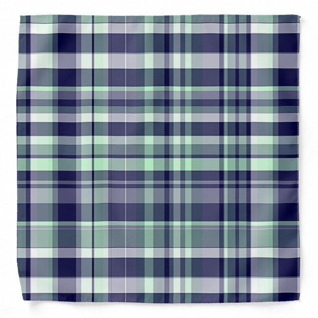 Mint, Navy Blue, White Preppy Madras Plaid Bandana (Front)