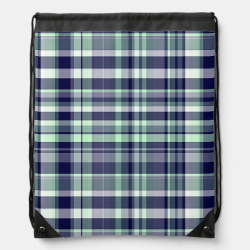 Mint Navy Blue White Preppy Madras Plaid Drawstring Bag