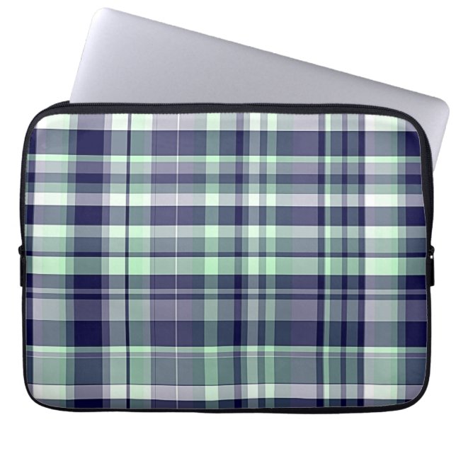 Mint, Navy Blue, White Preppy Madras Plaid Laptop Sleeve (Front)