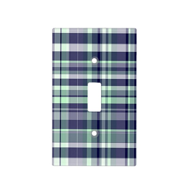Mint, Navy Blue, White Preppy Madras Plaid Light Switch Cover (Front)
