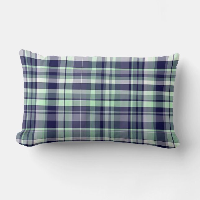 Mint, Navy Blue, White Preppy Madras Plaid Lumbar Pillow (Front)