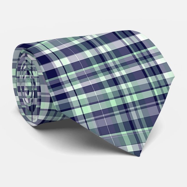 Mint, Navy Blue, White Preppy Madras Plaid Neck Tie (Rolled)