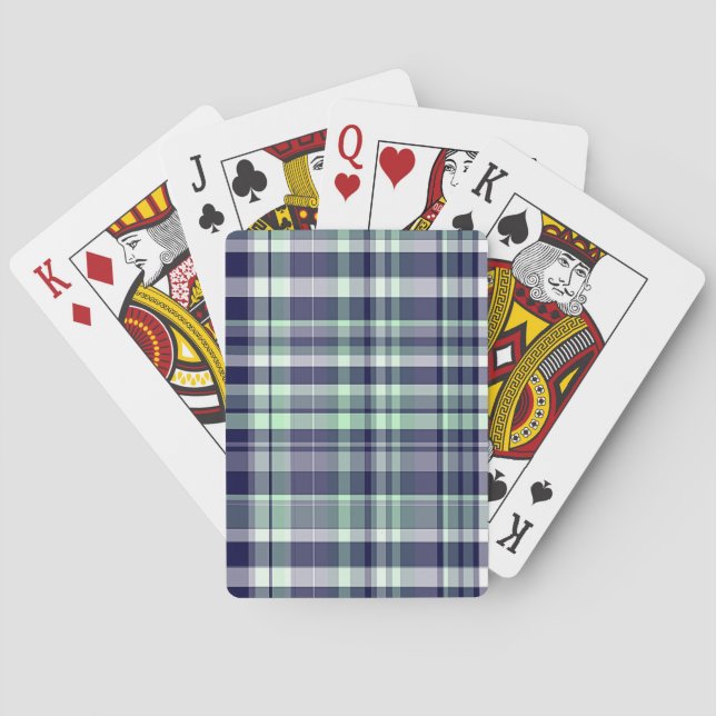 Mint, Navy Blue, White Preppy Madras Plaid Poker Cards (Back)