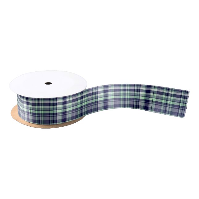 Mint, Navy Blue, White Preppy Madras Plaid Satin Ribbon (Spool)